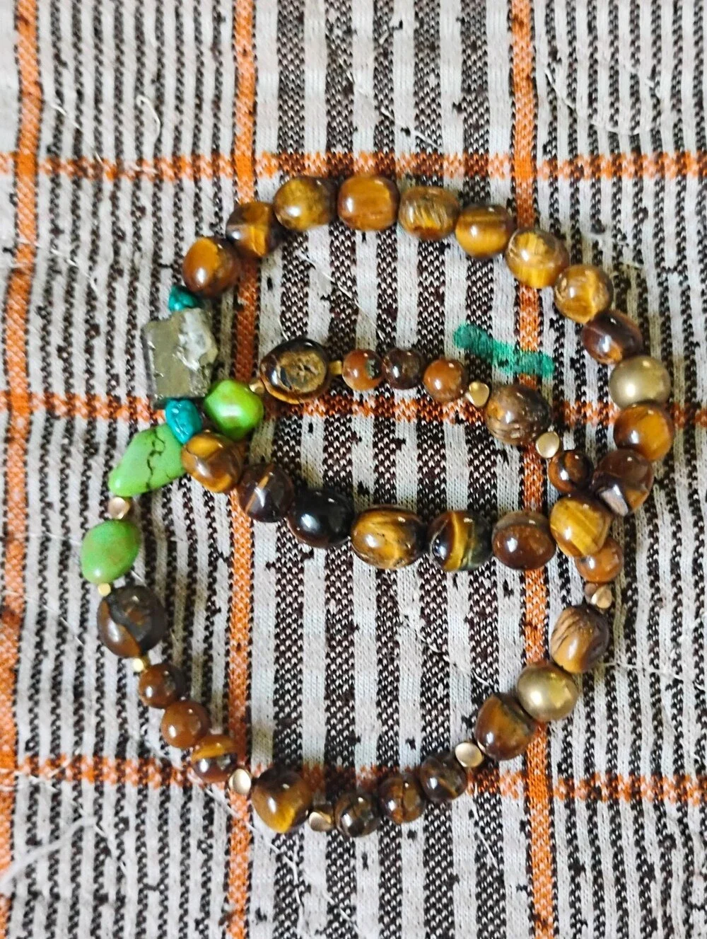 Large Tiger Eye and Green Turquoise Stretch Bracelet - Picture 6 of 6